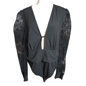 SHEIN Curve Black Low Cut Lace Sleeve Butterfly Bodysuit Plus Size